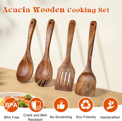 2Pcs Wooden Spatula, Acacia Solid & Slotted Turner Spatula Set, Long Handle Flat Frying Spatulas, Ideal Kitchen Gift for Mother and Grandma, Kitchen Utensils Set for Cooking, Frying, Baking