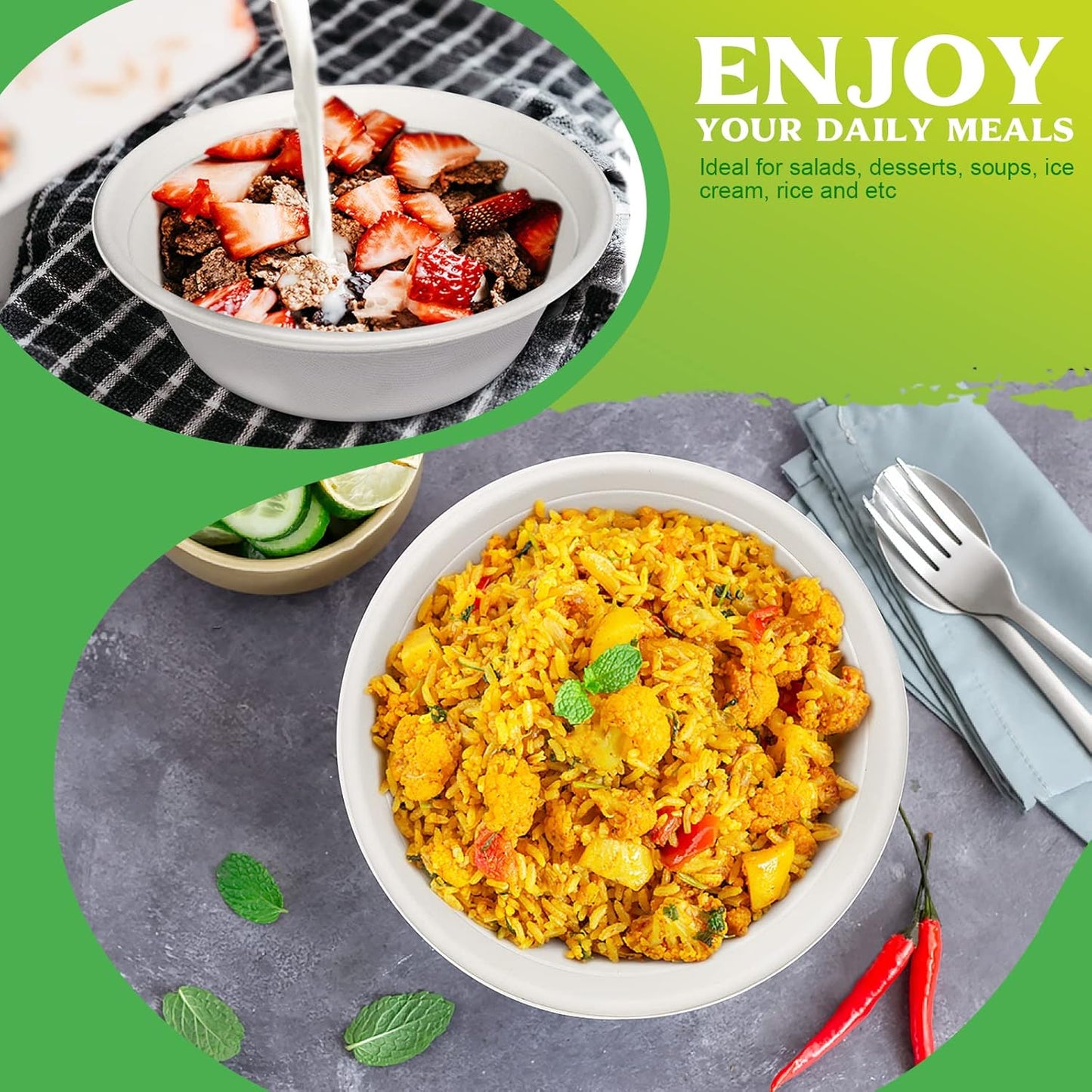 greensight Large Compostable Bowls - 32 oz, 100 Pack, Heavy Duty, Microwavable Safe, White Bagasse Bowls for Hot Soup, Salads, Cereals