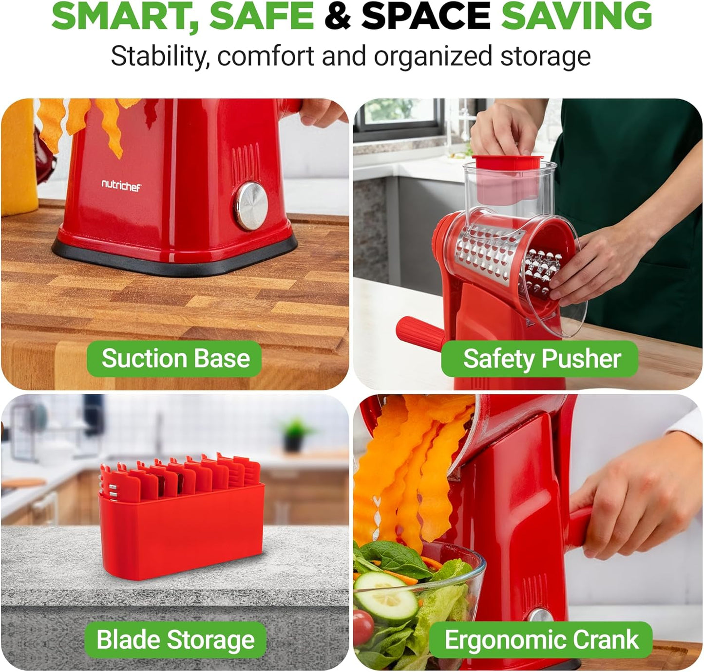 NutriChef 5 in 1 Cheese Grater & Shredder | 5 Different Blades for Thin, Thick, Julienne Strips, Wavy, & Straight Strips | Includes Hand Crank, Strong Suction Base & Storage Container | Black