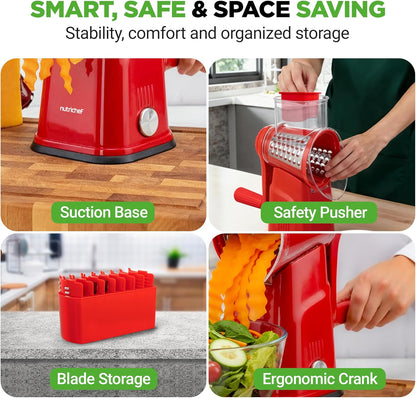 NutriChef 5 in 1 Cheese Grater & Shredder | 5 Different Blades for Thin, Thick, Julienne Strips, Wavy, & Straight Strips | Includes Hand Crank, Strong Suction Base & Storage Container | Black