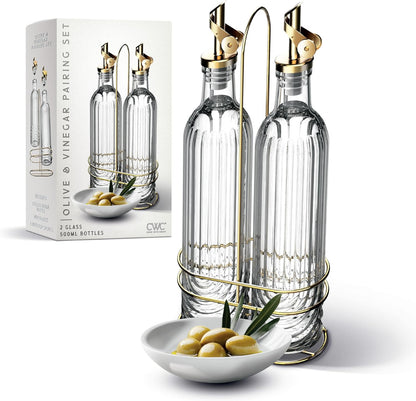 COOK WITH COLOR Glass Olive Oil Bottle Dispenser - 2 Pack- 17oz Oil and Vinegar Cruet - Olive Oil Carafe Decanter for Kitchen, Elegant Waves, Clear
