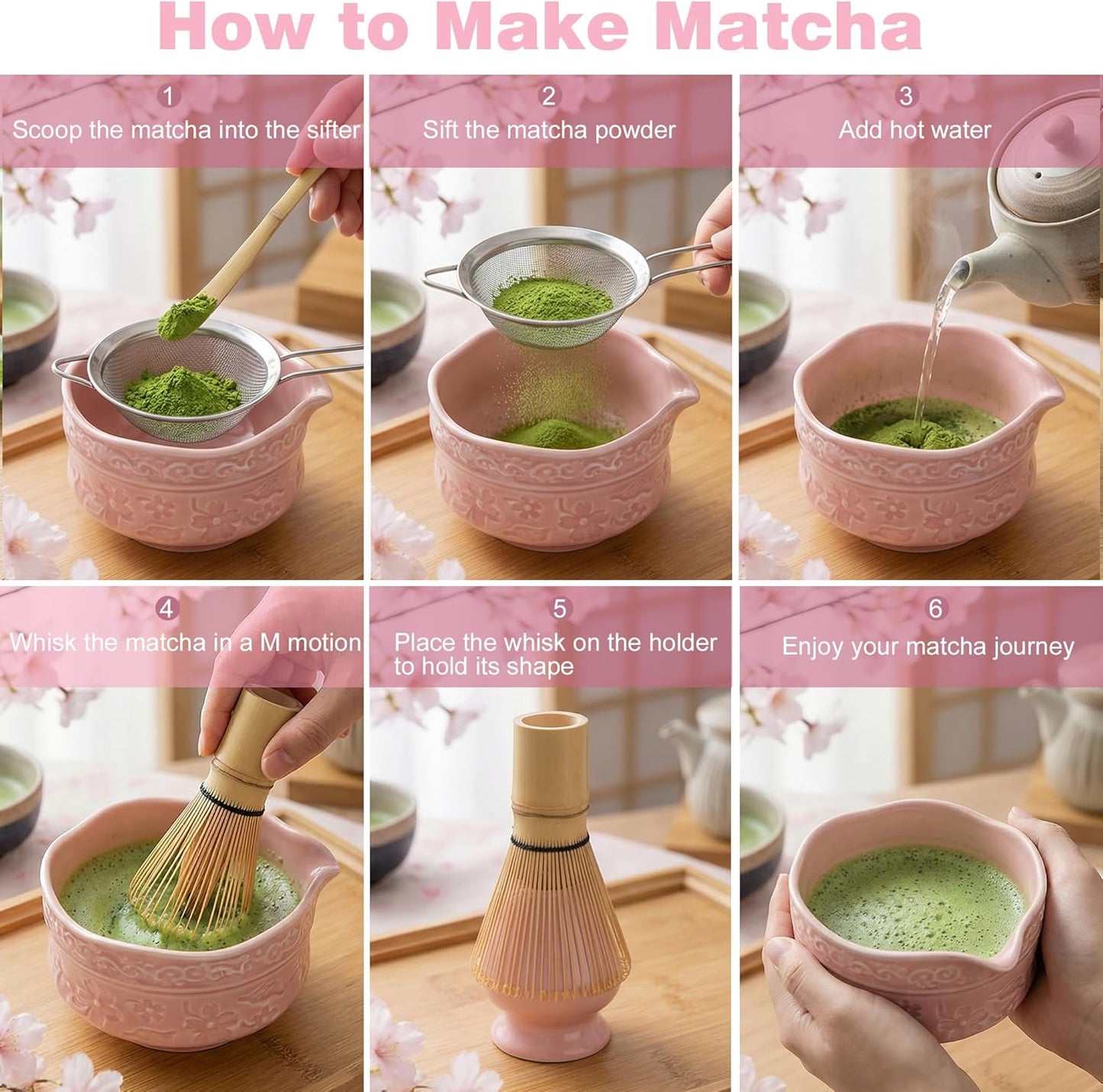 Matcha Whisk Set -7 Pcs Ceramic Matcha Kit Includes Matcha Bowl,Holder,Matcha Sifter, Bamboo Whisk (Chasen),Matcha Spoon and Scoop and Tea Towel,Matcha Kit for Matcha Lovers(Cyan)