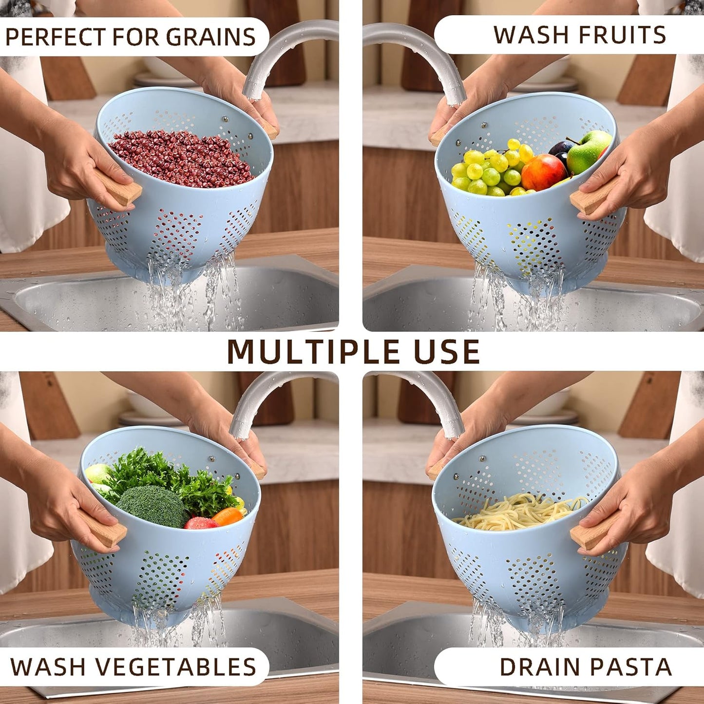 Metal Colander with Wood Handle and Stable Base, 5.5 Quart Powder Coated Steel Kitchen Strainer Basket for Draining Pasta, Vegetable and fruit,Cream