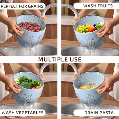 Metal Colander with Wood Handle and Stable Base, 5.5 Quart Powder Coated Steel Kitchen Strainer Basket for Draining Pasta, Vegetable and fruit,Cream