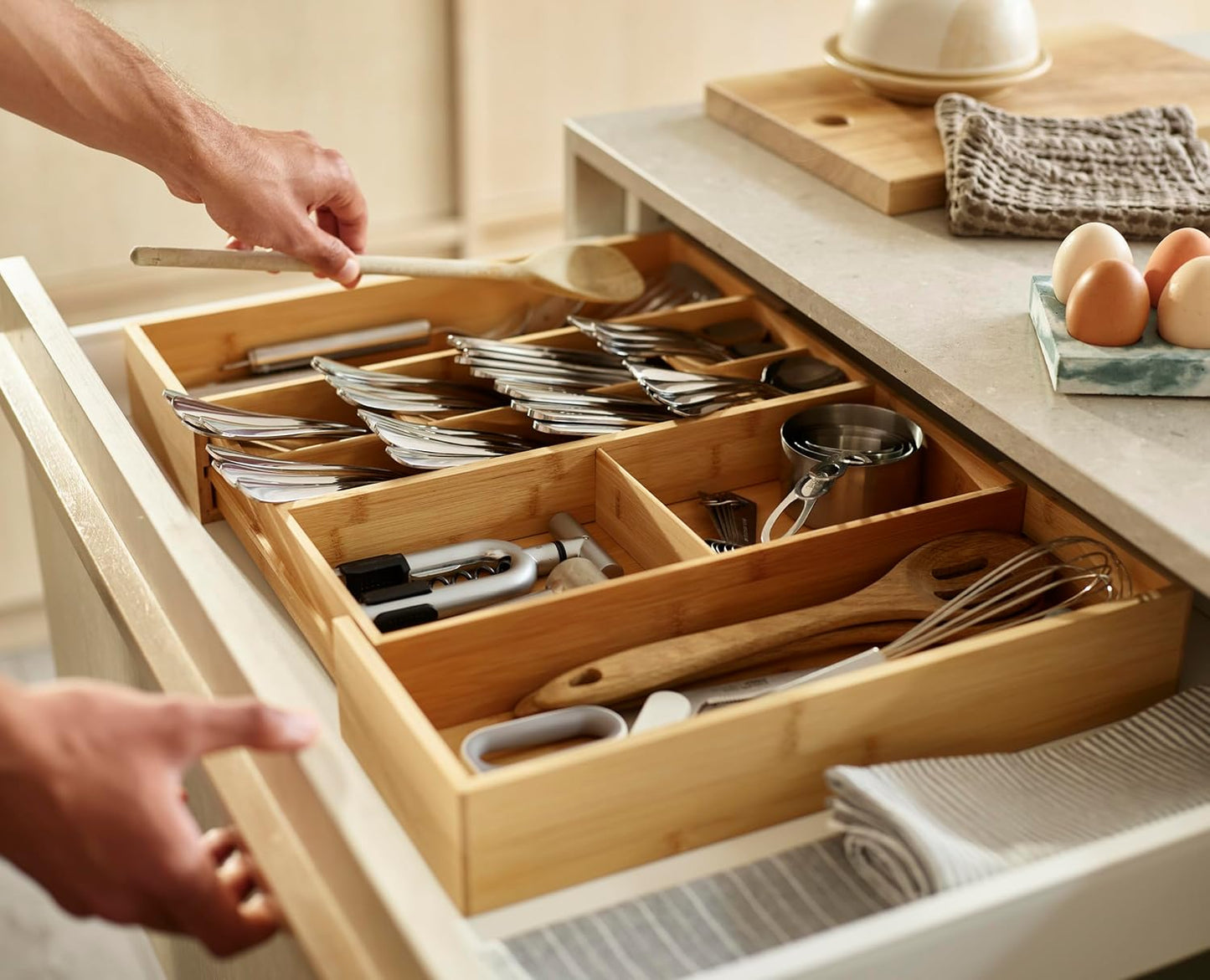 Joseph Joseph DrawerStore Compact Utensil Organizer For Kitchen Drawer Silverware, Flatware Tray, Small, Bamboo