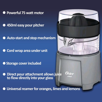 Oster Electric Citrus Juicer, High-Performance Silver 75 Watt Motor Electric Orange Juice Squeezer for Oranges, Lemons, and Limes