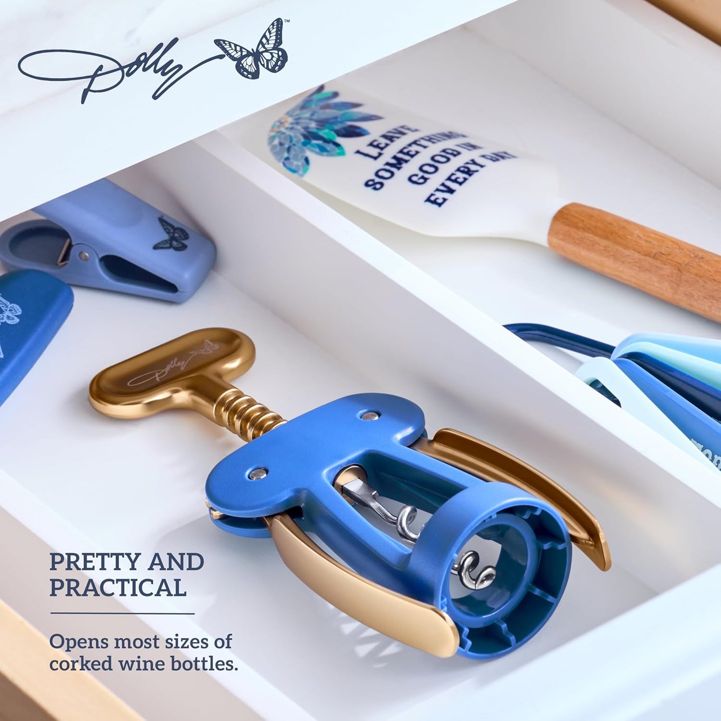 Dolly Parton Wing Corkscrew, Blue and Gold Wine Bottle Opener with Ergonomic Grip, Stylish and Easy One-Piece Cork Removal, 2.55 x 1.71 x 6.69 Inch