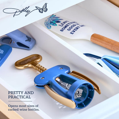 Dolly Parton Wing Corkscrew, Blue and Gold Wine Bottle Opener with Ergonomic Grip, Stylish and Easy One-Piece Cork Removal, 2.55 x 1.71 x 6.69 Inch