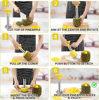 CUNSENR Premium Pineapple Corer and Slicer Tool - Pineapple Cutter with Sharp Serrated Tips - Easy to Use & Clean - Stainless Steel Core Remover for Pineapple - Slice and Core Fruits with Ease(Black)