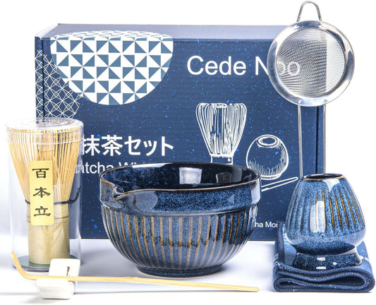 7pcs Matcha Whisk Set with 18oz Spout Bowl, Japanese Tea Ceremony Kit, Natural Bamboo Whisk Scoop, Ceramic Holder Sifter Towel, Best Gift for Beginners and Matcha Lovers