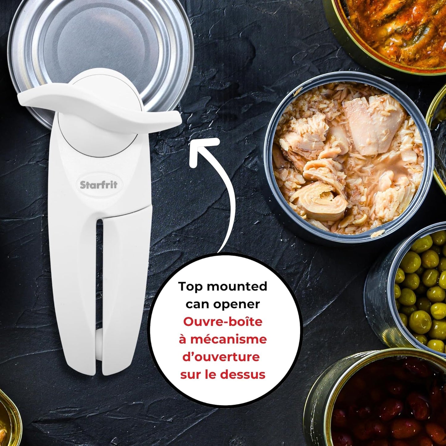 Starfrit Little Beaver Can Opener - Safe - Holds and Leaves No Sharp Edges on Lid - Comfort Grip - 3 year warranty - White