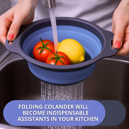 White Round Silicone Collapsible Colander – Silicone Round Kitchen Strainers with Plastic Handles Small Foldable Kitchen Strainer Perfect for Draining Pasta Vegetable and Fruit