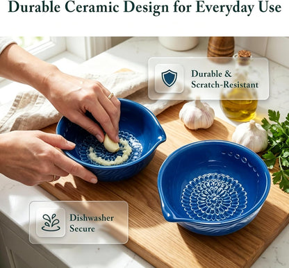 Ceramic Grater Bowl with Herb Stripper & Cleaning Brush, 3-in-1 Kitchen Tool for Garlic, Ginger & Vegetables, Easy to Clean Stripping Bowl for Kale, Rosemary, Thyme, and Basil, Dishwasher Safe-Green