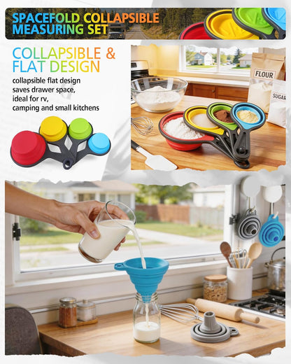 Measuring Cup and Spoon Set, Collapsible Measuring Cup, 8 Piece Measuring Tools and 1 Funnel, Engraved Metric/US Markings, for Liquid and Dry Measurements, Space Saving, BPA Free Silicone, Colorful