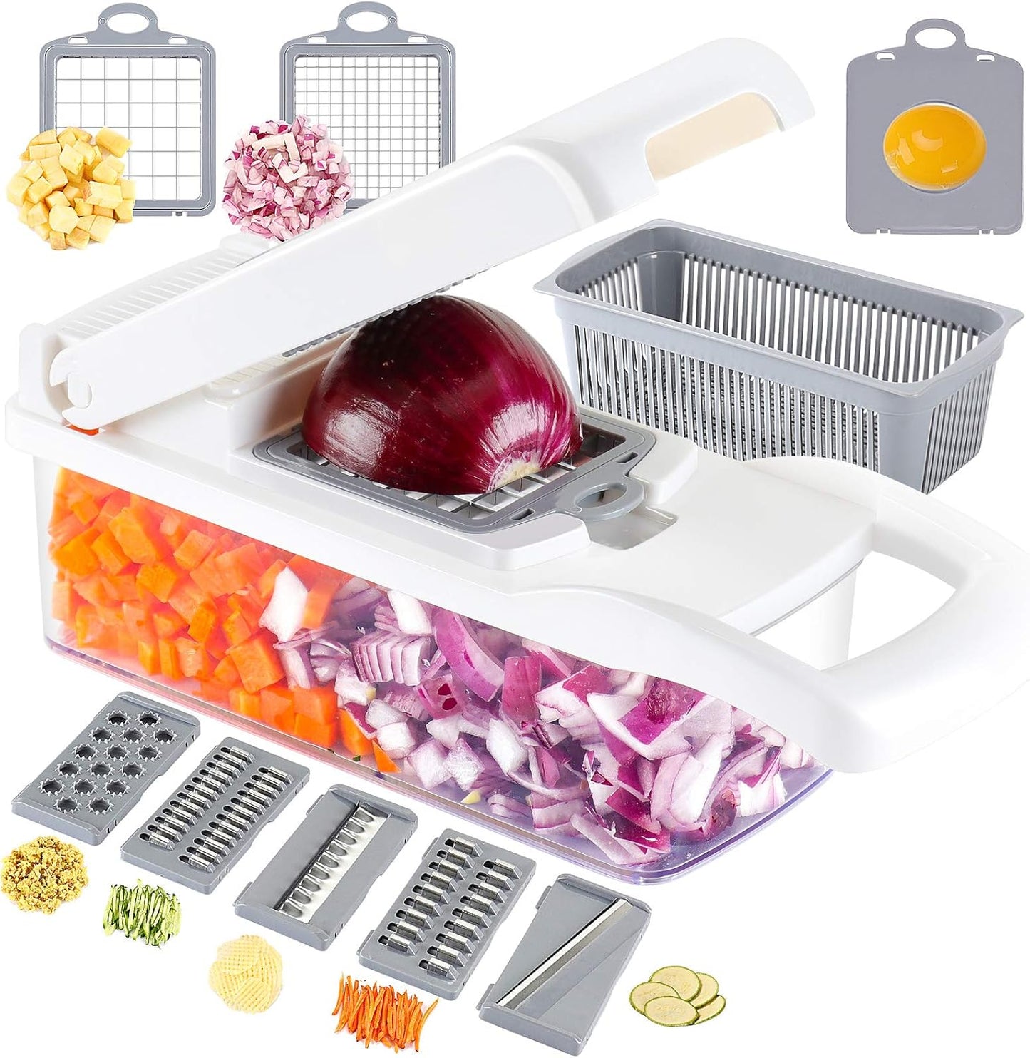 Ourokhome Vegetable Chopper Onion Cutter, 14 in 1 Professional Mandolin Slicer for Kitchen, Multifunctional Food Chopper for Potato, Tomato, Veggie with Strainer Basket, 10 Blades, Gray