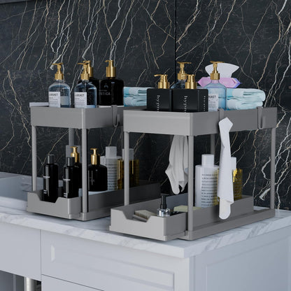 DEKAVA Under Sink Organizer 2 Pack, Bathroom Cabinet Organizer, 2 Tier Sliding Cabinet Basket Organizer Drawer, Multi-Purpose Bath Collection Baskets for Bathroom (Black)