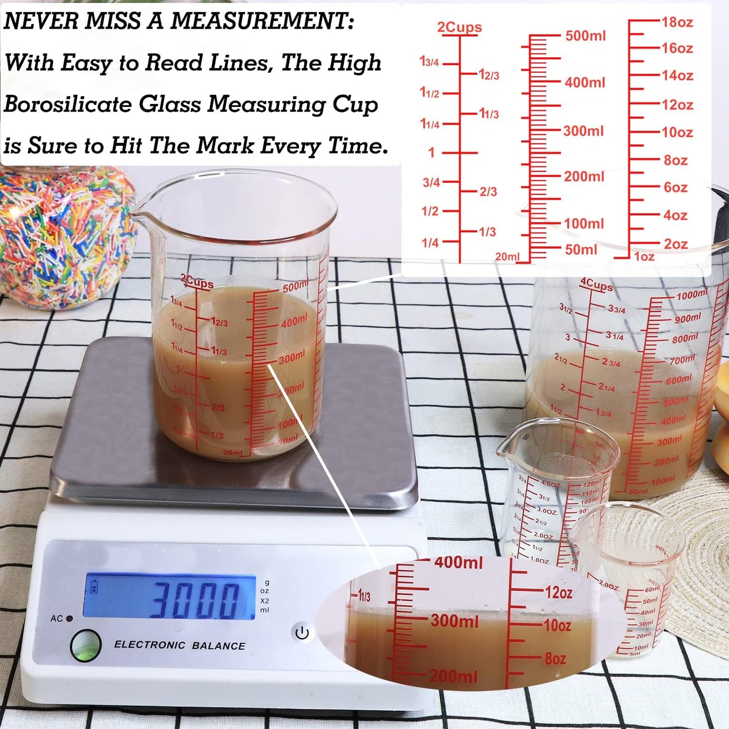 High Borosilicate Glass Measuring Cup-V-Shaped Spout，Glass Measuring Beaker for Kitchen or Restaurant, Easy to Read, 60 ML (2 Oz)-Pack of 2