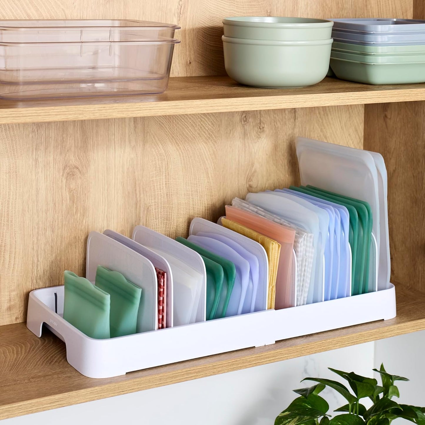 YouCopia StoraLid Food Container Lid Organizer for Kitchen Cabinet Storage with 5 Adjustable Dividers, 10.5''D × 13.4''W × 3.3''H, Large Classic Edition, White