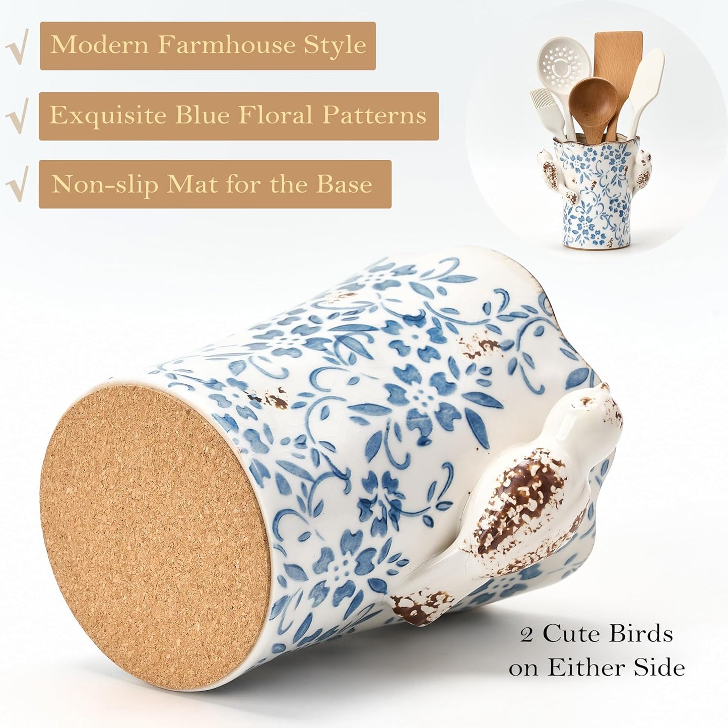 Utensil Holder for Kitchen Counter, Modern Farmhouse Rustic Cooking Utensil Holder and Crock, Exquisite Chinoiserie Floral Ceramic Utensil Organizer for Home Kitchen Decor- Green and Beige
