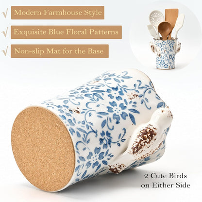 Utensil Holder for Kitchen Counter, Modern Farmhouse Rustic Cooking Utensil Holder and Crock, Exquisite Chinoiserie Floral Ceramic Utensil Organizer for Home Kitchen Decor- Green and Beige