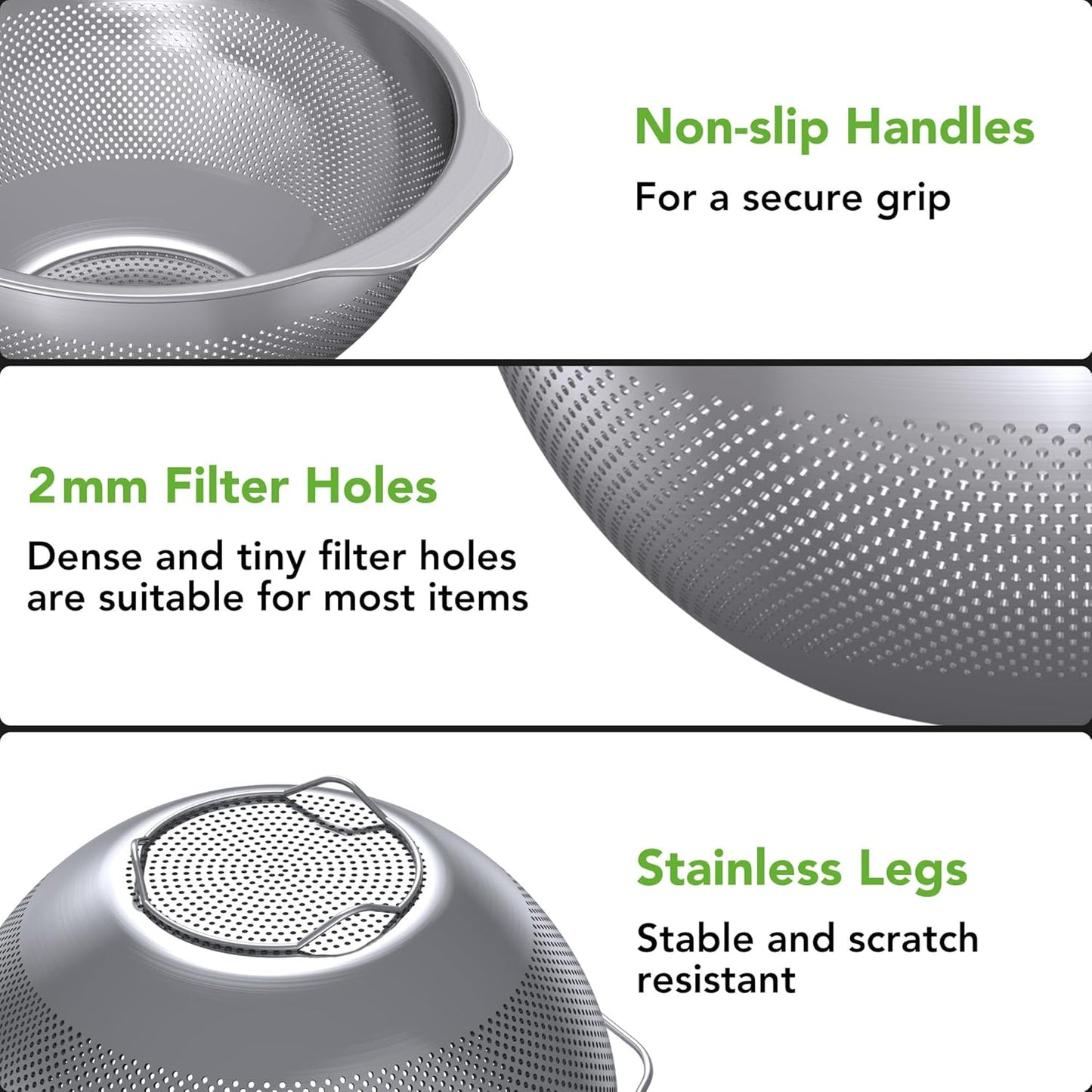 304 Stainless Steel Colander, 2.5 QT Capacity and 2.5 QT Mixing Bowl, Micropore Strainer for Washing Rice, Fruit, and Veggies, Perfect Draining for Cooked Pasta