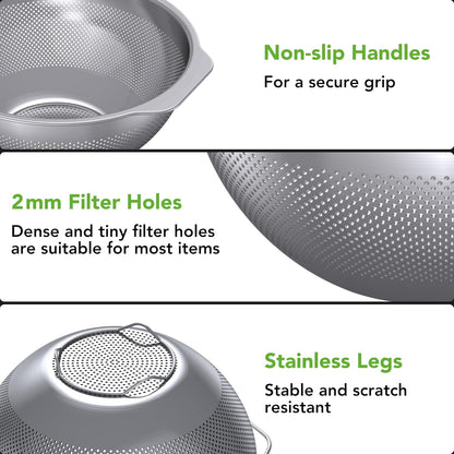 304 Stainless Steel Colander, 2.5 QT Capacity and 2.5 QT Mixing Bowl, Micropore Strainer for Washing Rice, Fruit, and Veggies, Perfect Draining for Cooked Pasta