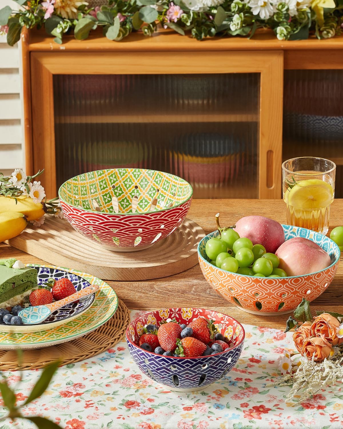 Metahom Ceramic Berry Basket, 6" Colorful Fruit Bowl, Round Berry Colander, Cute Small Container for Strawberry, Fruit Basket for Kitchen Counter, Set of 4