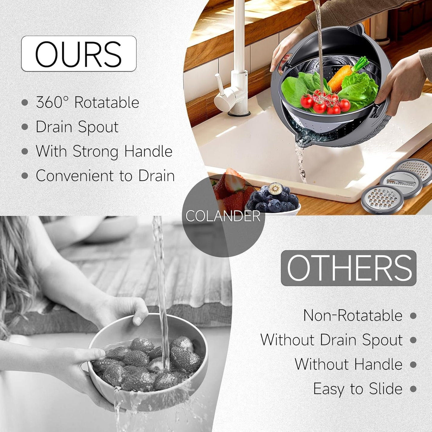 4-1 Colander with Bowl Set - Pasta Strainer - Colander for Kitchen - Strainers and Colanders Rice Strainer Fruit Cleaner Veggie Wash Sink Strainer Kitchen Essentials - Black