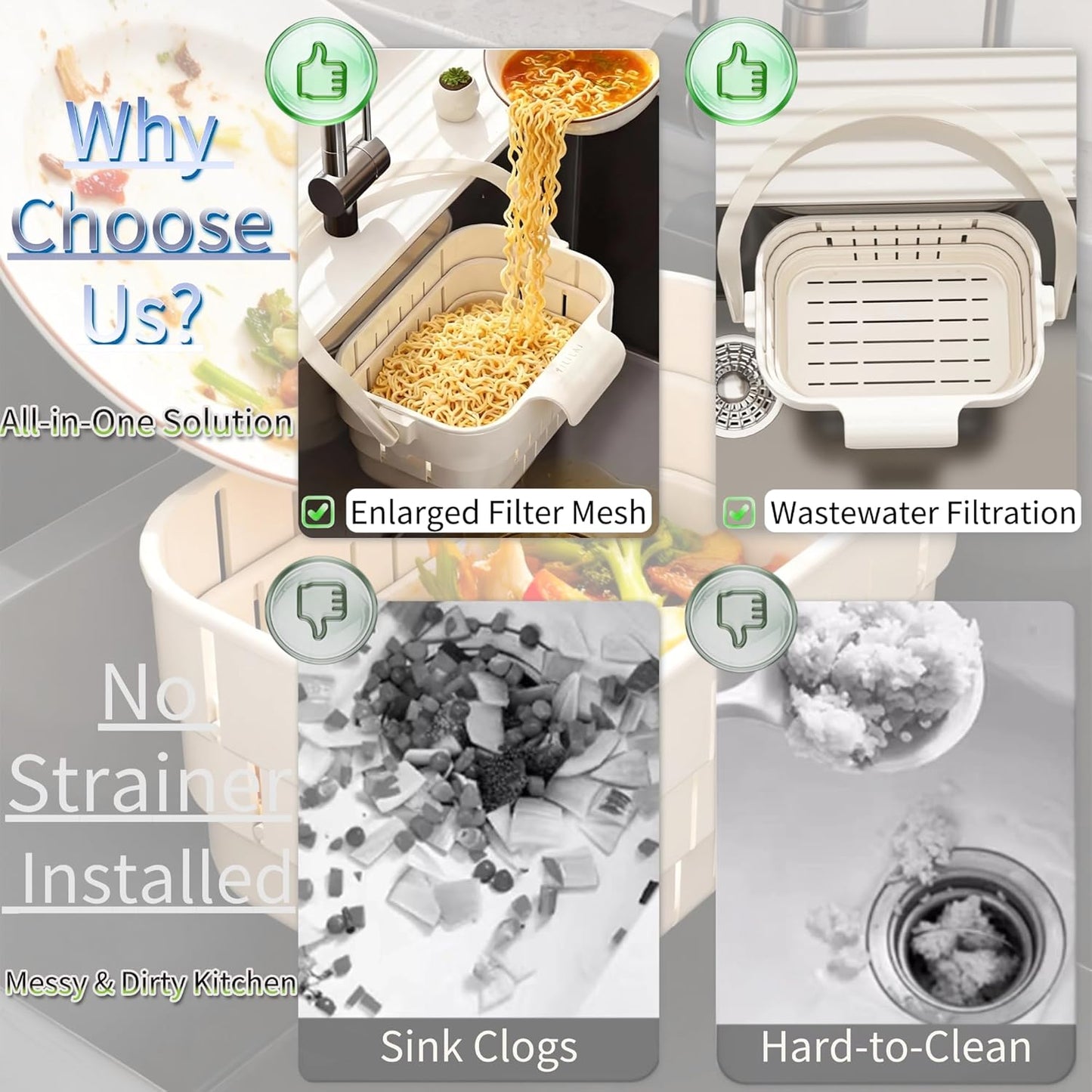 2026 Upgraded Foldable Kitchen Sink Strainer, No-Drill Hanging Drain Rack Food Catcher, Removable Anti-Clog Filter for Garbage Leftovers Kitchen Sink Daily Use (White)