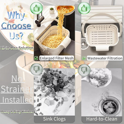 2026 Upgraded Foldable Kitchen Sink Strainer, No-Drill Hanging Drain Rack Food Catcher, Removable Anti-Clog Filter for Garbage Leftovers Kitchen Sink Daily Use (White)