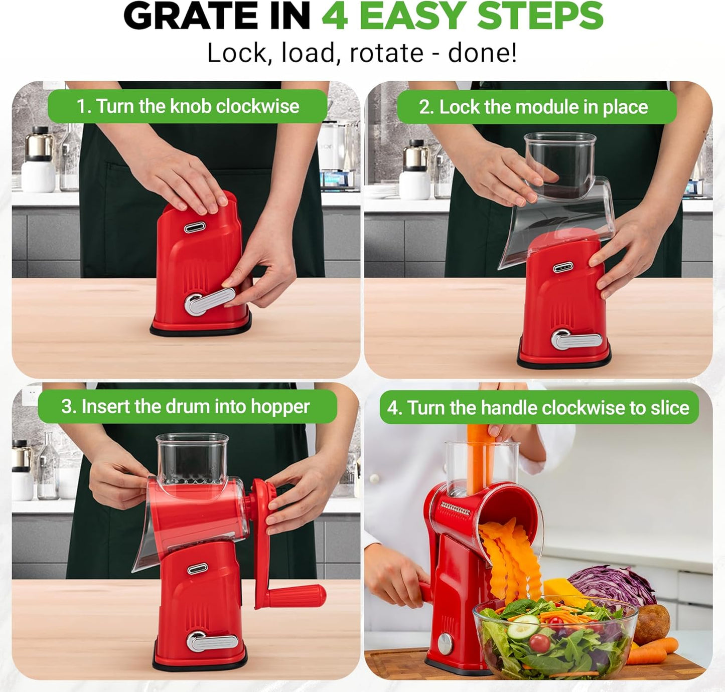 NutriChef 5 in 1 Cheese Grater & Shredder | 5 Different Blades for Thin, Thick, Julienne Strips, Wavy, & Straight Strips | Includes Hand Crank, Strong Suction Base & Storage Container | Black