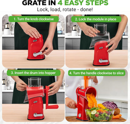 NutriChef 5 in 1 Cheese Grater & Shredder | 5 Different Blades for Thin, Thick, Julienne Strips, Wavy, & Straight Strips | Includes Hand Crank, Strong Suction Base & Storage Container | Black