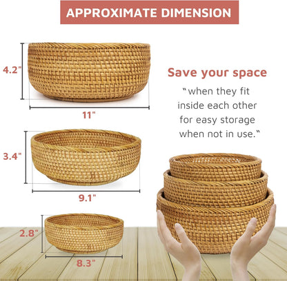Woven Fruit Basket For Holder Bowl Decorative Bread Vegetable, Serving Bowl Set of 3 For Organizing Kitchen Natural Rattan Picnic Basket Round Stackable (Natural)
