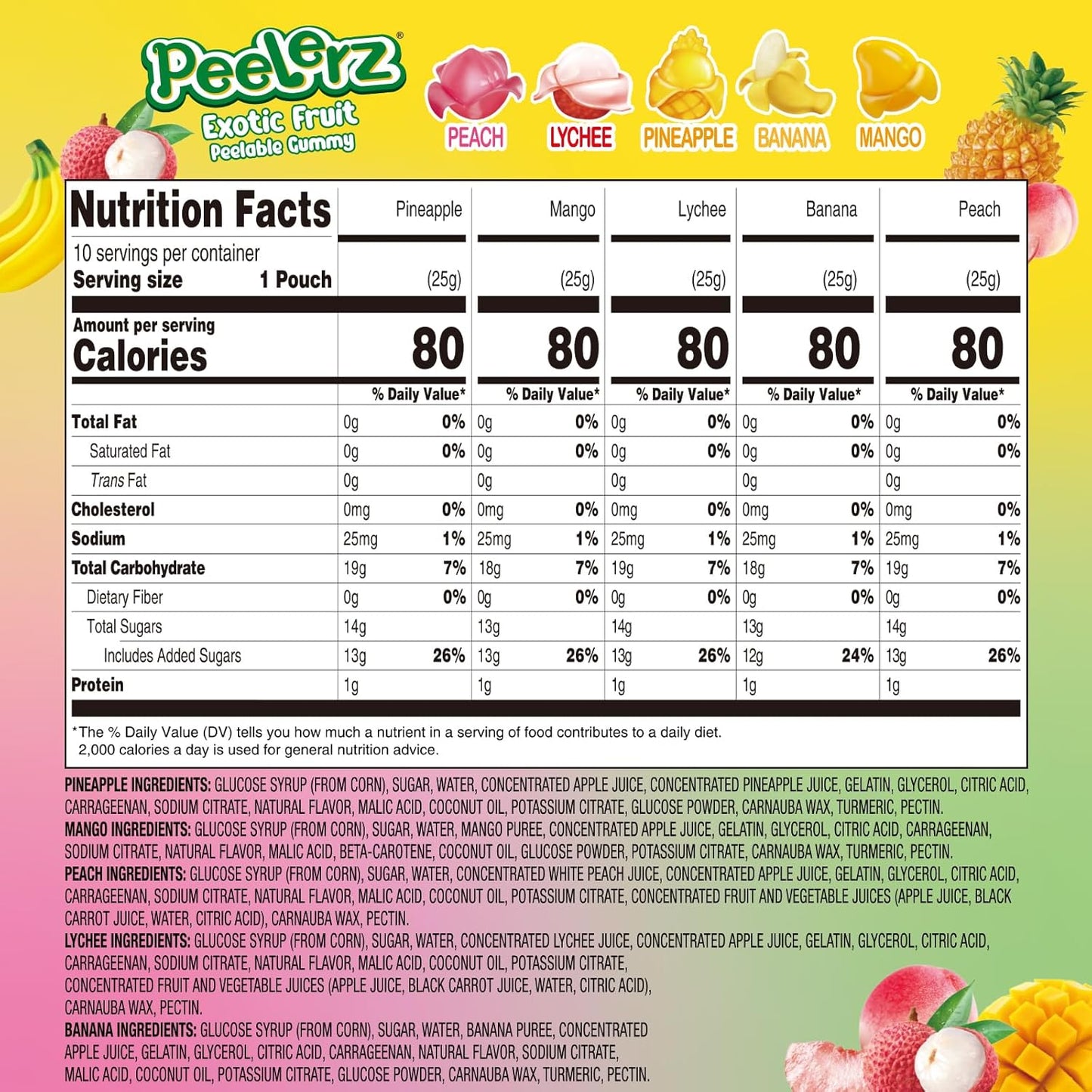 AMOS Peelerz Peelable Gummy Candy Variety Pack, Mango White Peach Banana Green Apple Passion Fruit Lychee, Soft Chewy Fruit Snack, Pack of 6