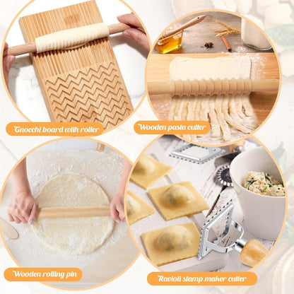 Tioncy 7 Pcs Pasta Making Tool Set Kitchen Gift, Wood Gnocchi Board with Ravioli Stamp Ravioli Maker Rolling Pin Gnocchi Garganelli Italian Pasta Tools for Beginners Home Cooks