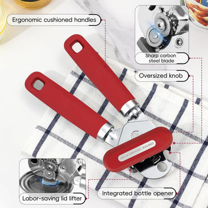 Can Opener Manual, UHIYEE Hand Held Manual Can Openers Heavy Duty with Smoother Cut Sharp Blade, Manual Hand Can Open with Soft Handle, Easy to Turn Knob, Magnetic Lid Lifter, Black