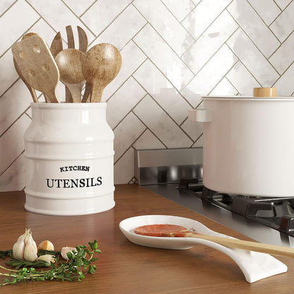 Barnyard Designs Ceramic Farmhouse Utensil Holder for Kitchen Counter, Large Rustic Utensil Crock, Countertop Cooking Tool Spatula Organizer, 6.75” (Taupe)