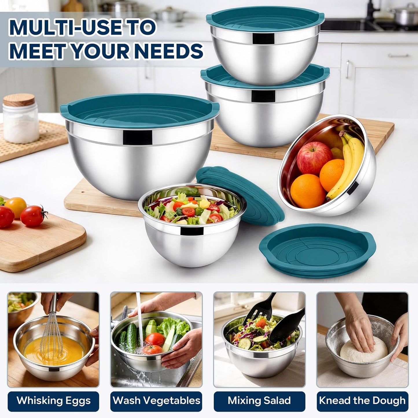 E-far Mixing Bowls with Lids, 6-Piece Stainless Steel Salad Bowls Metal Nesting Bowls for Baking Cooking and Prepping, Airtight Lids & Stackable Design, Size 4.5, 3, 1.5 QT (Black)