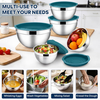 E-far Mixing Bowls with Lids, 6-Piece Stainless Steel Salad Bowls Metal Nesting Bowls for Baking Cooking and Prepping, Airtight Lids & Stackable Design, Size 4.5, 3, 1.5 QT (Black)