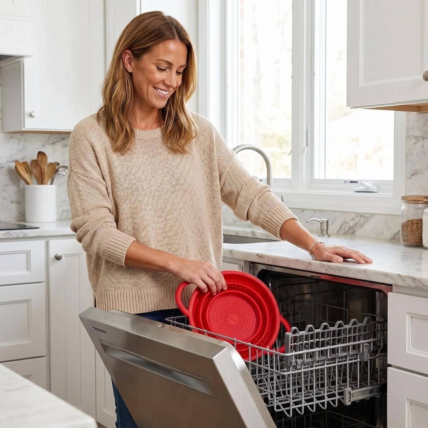 Collapsible Silicone Colander Strainer for Kitchen, Steel Rim Stable Foldable Strainer, BPA-Free Microplastic-Free,Heat-Resistant Steamer Basket, Stores Flat, Dishwasher Safe, Red