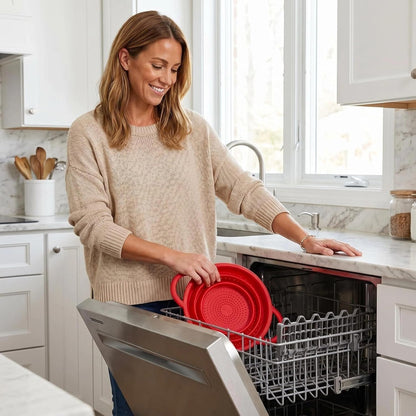 Collapsible Silicone Colander Strainer for Kitchen, Steel Rim Stable Foldable Strainer, BPA-Free Microplastic-Free,Heat-Resistant Steamer Basket, Stores Flat, Dishwasher Safe, Red