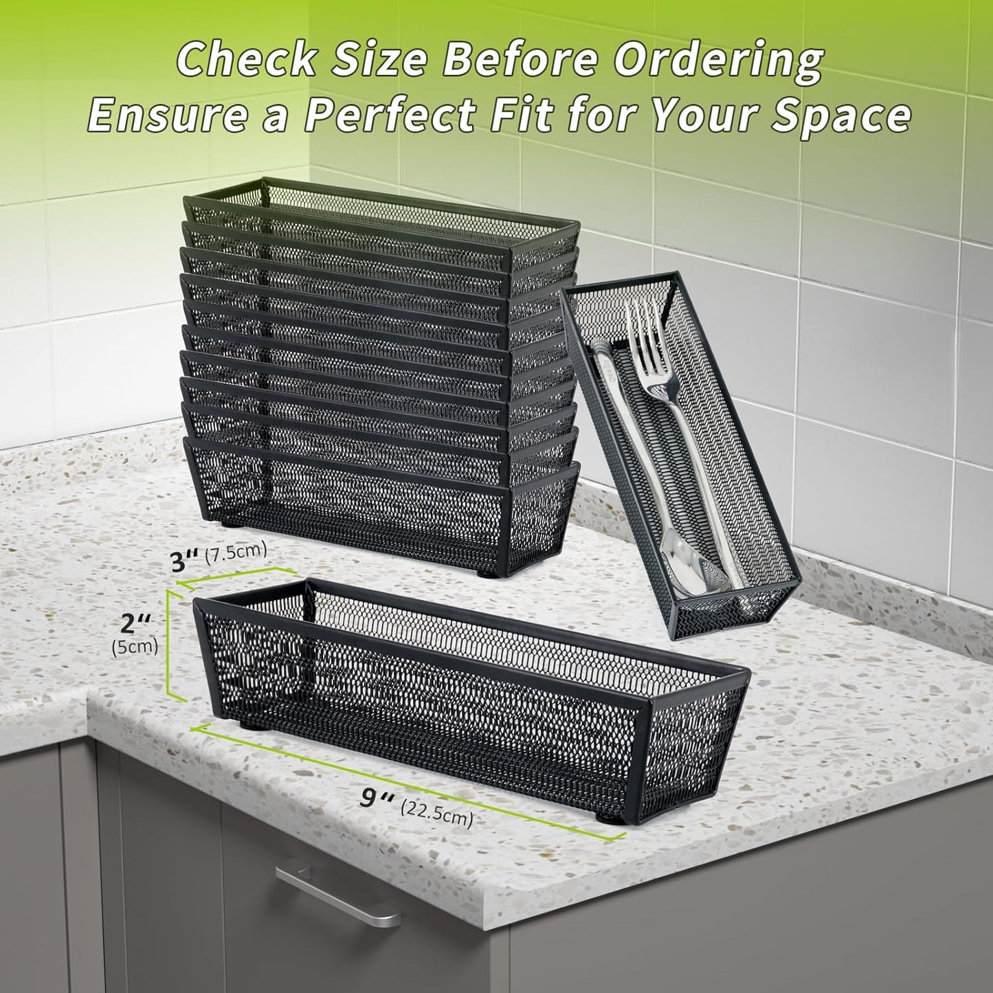 Neudeco Silverware Drawer Organizer - 5 Compartment Cutlery Tray with Non-Slip Feet, Mesh Wire Flatware Storage Divider for Kitchen, Bedroom, Living Room (Silver)