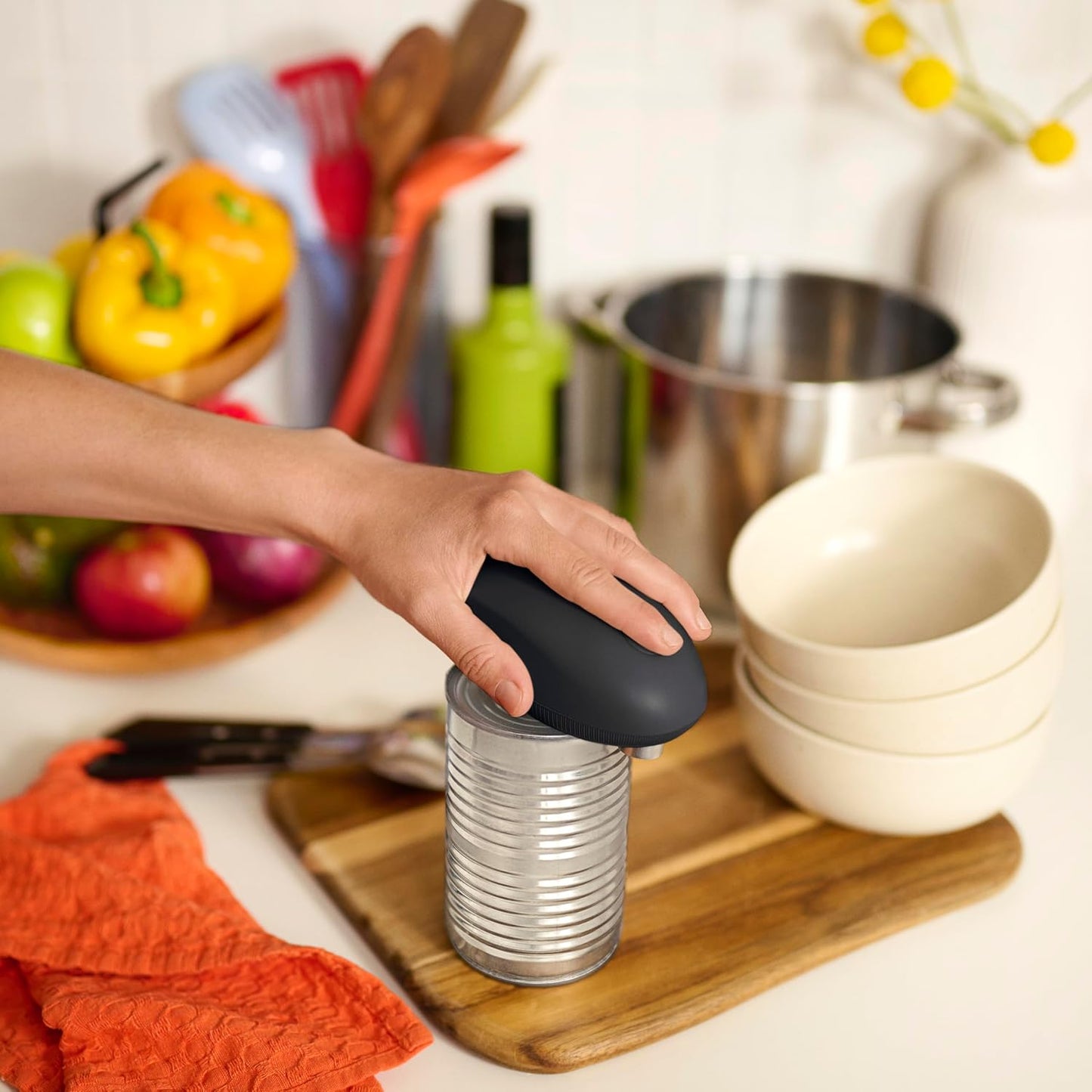 bella Electric Can Opener and Knife Sharpener, Removable Cutting Lever, Cord Storage, Stainless Steel Blade, Sage