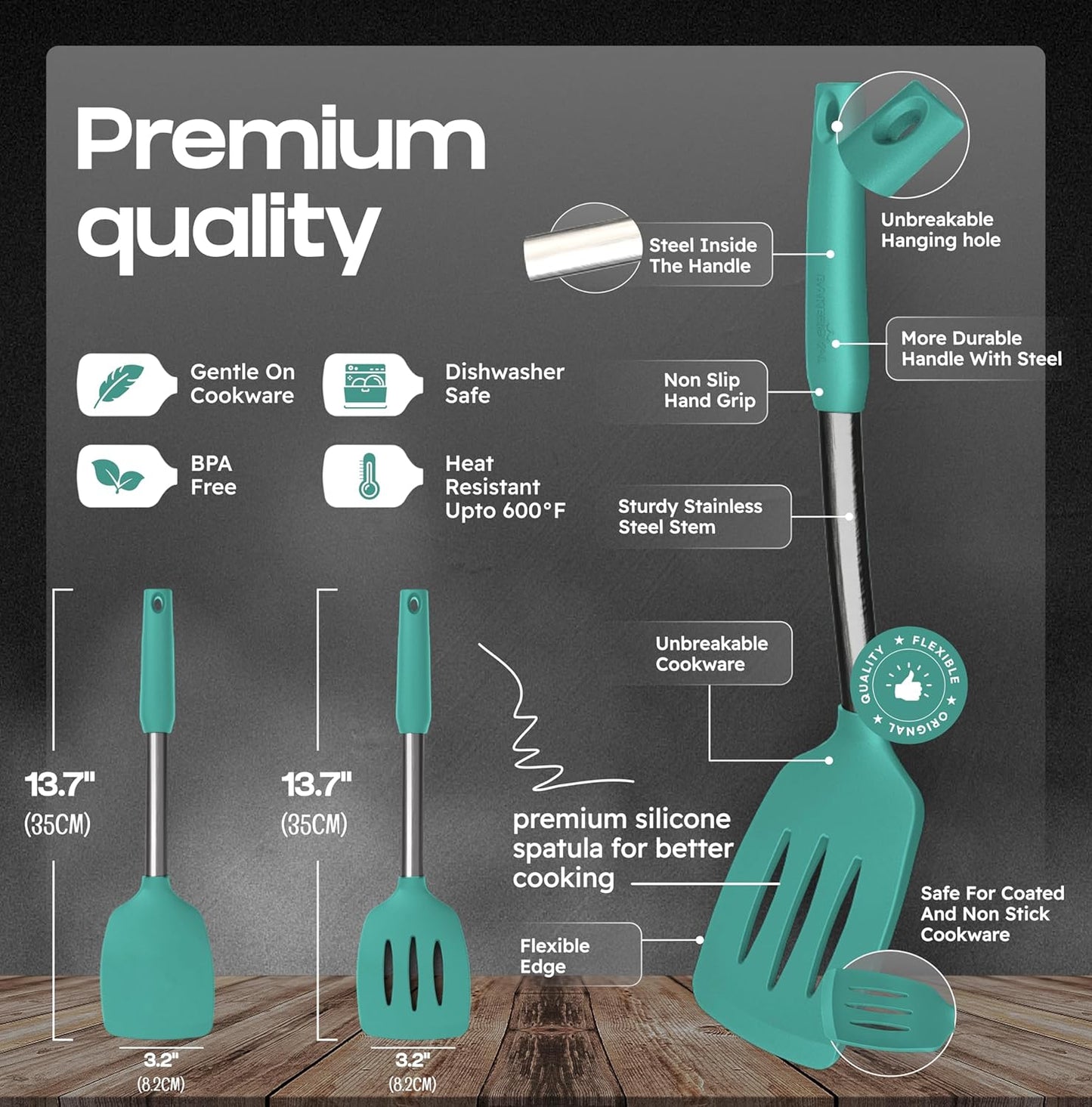 BakeRoyal Silicone Spatula Set - Turner Spatulas Silicone Heat Resistant 600°F - Slotted & Solid Spatula for Cooking Fish, Eggs, Pancakes Flipper – Spatulas for kitchen use – Royal Blue
