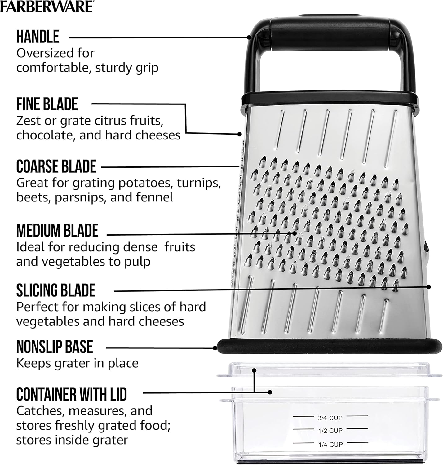 Farberware Professional 4-Sided Slim Stainless Steel Heavy Duty Kitchen Box Grater with Detachable Clear Storage Container, Perfect for Parmesan Cheese, Vegetables, Ginger, with Lemon Zester