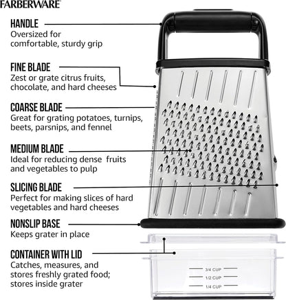 Farberware Professional 4-Sided Slim Stainless Steel Heavy Duty Kitchen Box Grater with Detachable Clear Storage Container, Perfect for Parmesan Cheese, Vegetables, Ginger, with Lemon Zester