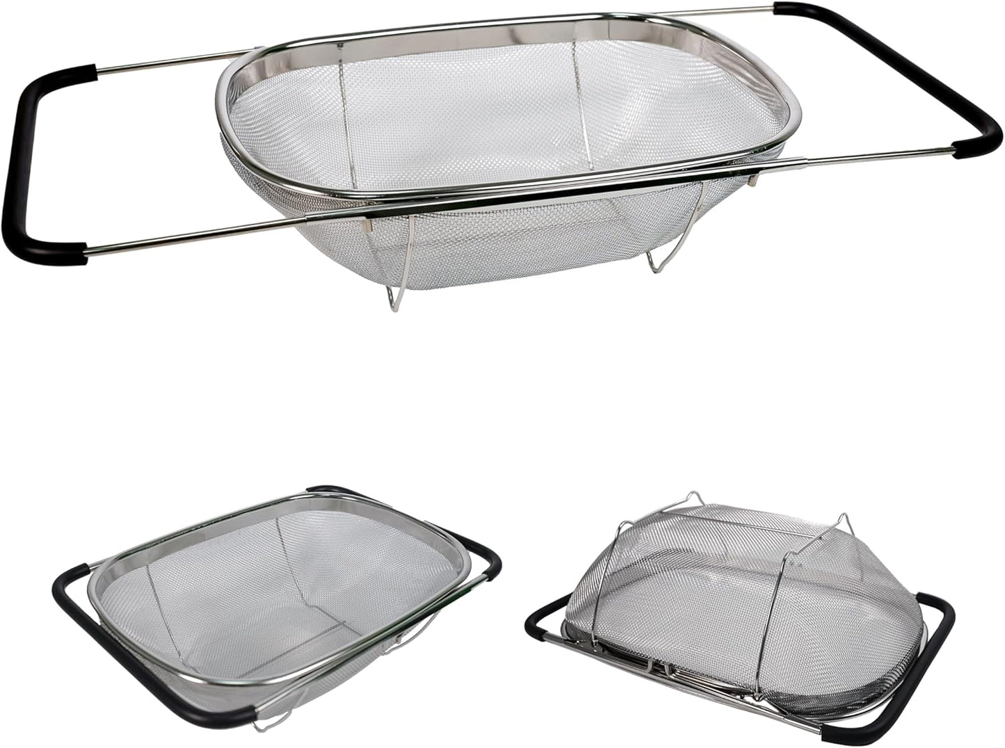 Over Sink Expandable Colander - Collapsible Fine Mesh Strainer Basket with Non-Slip Extendable Silicone Grip, Stainless Steel Kitchen Accessories for Rinsing Pasta, Rice, Fruits & Vegetables