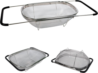Over Sink Expandable Colander - Collapsible Fine Mesh Strainer Basket with Non-Slip Extendable Silicone Grip, Stainless Steel Kitchen Accessories for Rinsing Pasta, Rice, Fruits & Vegetables