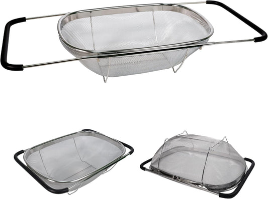 Over Sink Expandable Colander - Collapsible Fine Mesh Strainer Basket with Non-Slip Extendable Silicone Grip, Stainless Steel Kitchen Accessories for Rinsing Pasta, Rice, Fruits & Vegetables