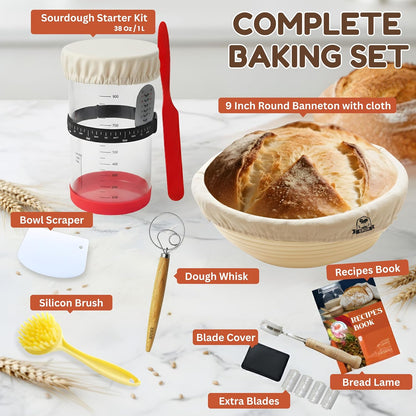 EROIR 13" Danish Dough Whisk Bread Lame Bowl Scraper Set - Dutch Sourdough Whisk Double Eye, Dough Scraper, Bread Scorer with 10 Blades and Leather Cover
